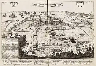 Print of the siege situation sketch at Haarlem in 1572, a bird's eye perspective from the North.