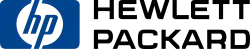 A dark blue rounded rectangle with a hollow circle, the stylized italic letters "hp" on it and the black words "HEWLETT PACKARD"