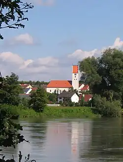 View of the Church of St. George, Hienheim, from across the Danube