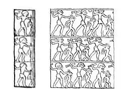 Nekhen ivory cylinder seal with impression of king smiting a captive (drawing)[39]