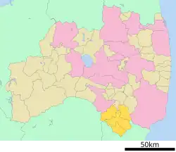 Location of Higashishirakawa District (yellow) in Fukushima Prefecture