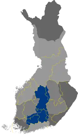Historical province of Häme in blue (borders of the modern regions in yellow)