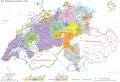 Switzerland in 1536, during the Reformation, just after the conquest of Vaud by Bern and Fribourg.