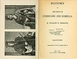 An open book, showing an image of Ferdinand and Isabella enthroned