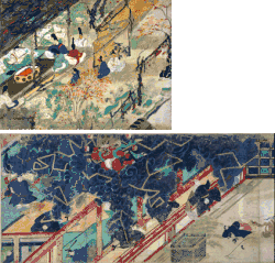 Two paintings, upper shows people inside a house and in the garden in front of the house. The lower shows people inside a house and a deity surrounded by blue smoke.