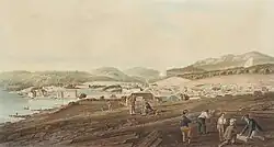 Hand-coloured aquatint: 'Hobart Town, Van Diemen's Land', engraved by R. G. Reeve, published by Rudolph Ackermann (London) in 1828.