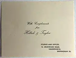 Compliments slip with "Compliments from Hollick & Taylor"