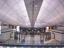 The futuristic interior roof of Hong Kong International Airport