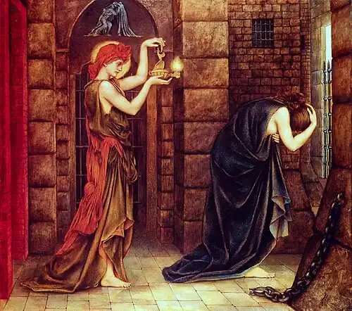 A pre-Raphael it’s painting showing two figures, the one on the left wearing red and holding a lamp with a halo around their head, representing hope. They are entering a dungeon through a stone archway door and facing a bowed over figure dressed in black, representing despair.