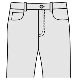 Curved inset pockets, with a coin or watch pocket on right front pocket[14]
