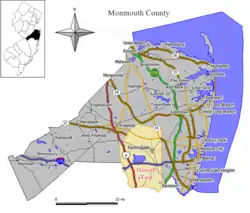 Location of Howell Township in Monmouth County highlighted in orange (right). Inset map: Location of Monmouth County in New Jersey highlighted in black (left). Interactive map of Howell Township, New Jersey