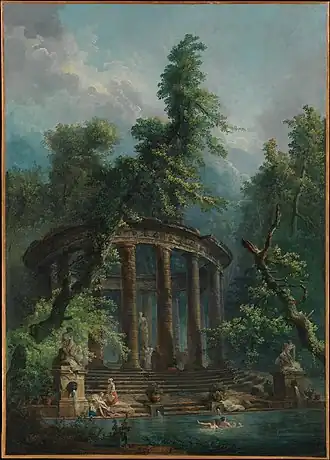 Oil painting depicting a ruined circular temple with columns around a pool where nude women bathe, while clothed 18th-century figures observe from stone steps