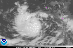 A satellite loop shows a strengthening Cyclone Hudhud moving over the Andaman and Nicobar Islands