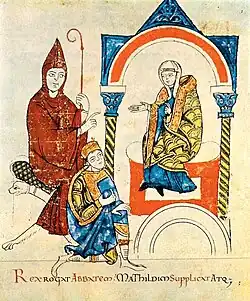 Henry is crowned and on his knees, and Matilda and Hugh sit on thrones