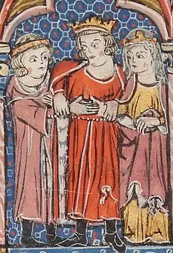 A man puts together the couple's hands. All three figures wear crowns.