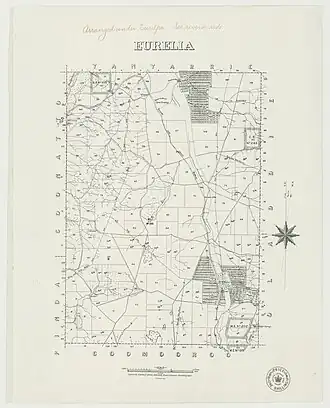 Hundred of Eurelia, 1889, which shows the proposed extent of the government town in the bottom right hand corner