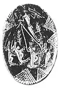 Plate with hunter with dogs on leash. Naqada I. Pushkin Museum.[24][34]