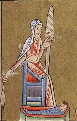 Woman, wearing red and with a white headdress, using a spindle and distaff. She is also caring for a child.