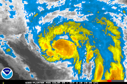 Animation of infrared satellite imagery showing a weakened Hurricane Joaquin passing just northwest of Bermuda.