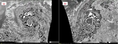 A comparison of Dvorak-enhanced infrared satellite signatures of Hurricanes Patricia and Linda (1997) at their peak intensity. A "cold dark gray" ring surrounding Patricia's eye represents cloud tops of −81&nbsp;°C (−114&nbsp;°F) or colder, more intense than the "cold medium gray" ring surrounding Linda's eye.