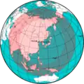 Estimated maximum operational range of the Hwasong-12: from 3,700&nbsp;km (2,300&nbsp;mi) (inner circle) to 6,000&nbsp;km (3,700&nbsp;mi) (outer circle)