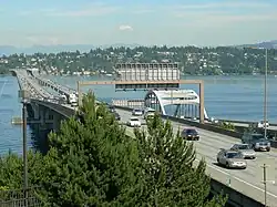 An interstate highway crossing a lake on a floating bridge