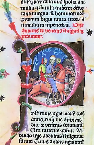 A young blonde man on a horse, accompanied by two older men