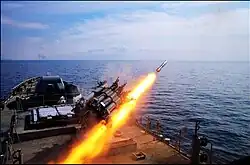An image of Talwar-class frigate INS Tabar firing an RBU-6000 rockets.