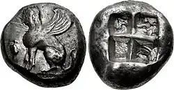 Archaic didrachm or stater of Chios, c. 490–435&nbsp;BC.[12] Earlier types known.