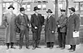 The IWW committee. Left to right are: Sullivan, Caron, Plunkett, Turner, Woolman. Arthur Caron and Charles Plunkett who were implicated in the bombing