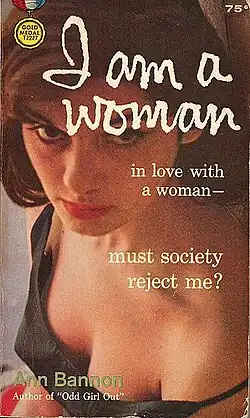 Original cover of I Am a Woman featuring a photograph taken of a woman from above; the model's cleavage is prominent and Bannon's name is placed directly over it