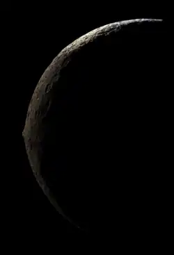 Iapetus' massive equatorial ridge is clearly visible from Cassini's images as the space probe approached Iapetus from its nightside during its closest flyby of the moon on September 10, 2007 at a distance of 83,000 kilometers (51,600 miles). The spacecraft came as close as 1,227&nbsp;km (762&nbsp;mi) from the moon's surface during this flyby.[15][16] This is also the clearest picture of the equatorial ridge to date.