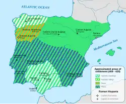 Image 33The Roman province of Hispania as occupied by the barbarian peoples c. 409–429 (from History of Portugal)