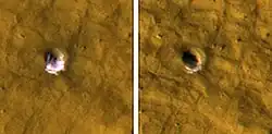 Two pictures from HiRISE showing how ice disappeared over time in a crater. Crater on left is before ice disappeared. Crater is 6 meters in diameter.