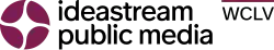 The Ideastream symbol, a circle divided into four pieces by a star shape, in burgundy. To the right, on two lines, the words "ideastream" and "public media" in black in a rounded sans serif. Next to that, in the upper right, black letters W C L V with a burgundy line above them.