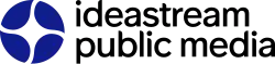 A circle divided into four pieces by a star shape, in navy blue. To the right, on two lines, the words "ideastream" and "public media" in black in a rounded sans serif.