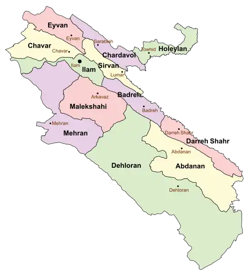 Location of Ilam County in Ilam province (top left, green)
