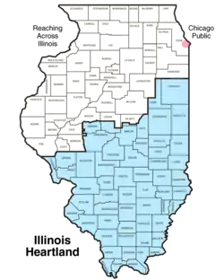 Map of Illinois with the bottom half highlighted in blue and labeled Illinois Heartland. The upper half of the state is white and labeled Reaching Across Illinois. Chicago is marked with a red circle and labeled Chicago Public.