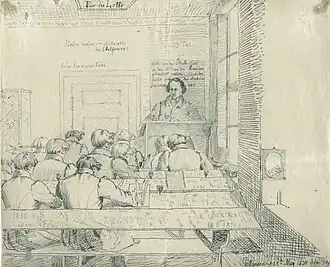 Pen-and-ink illustration showing Jacob Grimm lecturing from a podium to a seated audience in a classroom, drawn by Ludwig Emil Grimm around 1830.