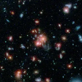 Galaxy cluster SpARCS1049 taken by Spitzer and the Hubble Space Telescope.[33]