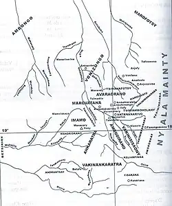 Provinces of the Imerina Kingdom with the former Kingdom of Andrantsay in the southwest. The Andratsay River is visible on the map. Andrantsay is part of Vakinankaratra, like Fikasana to the left.