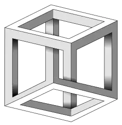 An impossible cube—invented by M. C. Escher for Belvedere, a lithograph in which a boy seated at the foot of the building holds an impossible cube