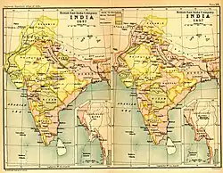 India in 1837 and 1857, showing East India Company-governed territories in pink.
