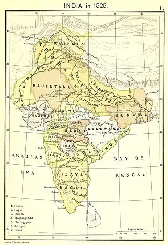 Kashmir Sultanate in 1525. (Including the hill states of Gilgit and Jammu, Maqpon Kingdom and Maryul Kingdom as tributary states)