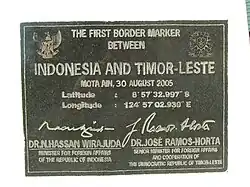 Plaque on one of the pair of border markers on each side of the river marking the Timor-Leste-Indonesia boundary at Mota'ain/Batugade.