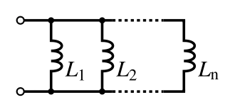 A diagram of several inductors, side by side, both leads of each connected to the same wires