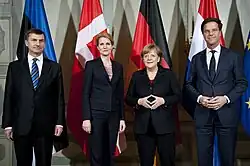 Prime Minister of Estonia Andrus Ansip, Prime Minister of Denmark Helle Thorning-Schmidt, Chancellor of Germany Angela Merkel and Prime Minister Mark Rutte at the Catshuis on 13 February 2012.