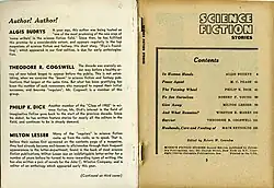 Inside front cover has profiles of Algis Budrys, Theodore R. Cogswell, Philip K. Dick and Milton Lesser (best known by pen name, Steven Marlowe) who were all still new authors at the time. Contents are In Human Hands by Algis Budrys, Peace Agent by M.C. Pease, The Turning Wheel by Philip K. Dick, To See Ourselves by Robert F. Young, Give Away by Milton Lesser, And What Remains? by Winston K. Marks, Barrier by Theodore R. Cogswell and Husbands, Care and Feeding of by Mack Reynolds.
