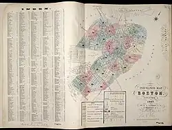 The earliest published Sanborn insurance map: a map showing Boston with a key that indicates characteristic essential for insurance, e.g., type of material used in construction, roof, etc.