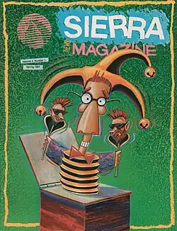 Cover of Sierra News Magazine from Spring 1991 with a colorful jack-in-the-box clown with glasses and a jester hat, flanked by two puppet-like figures.